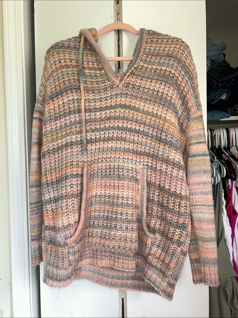 Aerie Striped Pastel Knit Hoodie Sweater. Oversized, XS